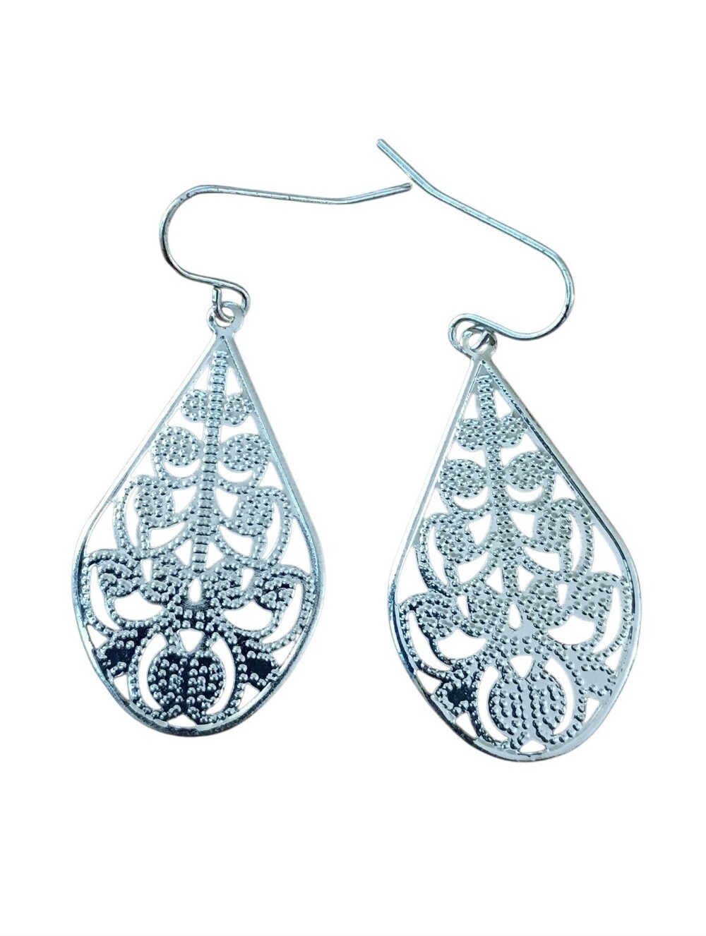 silver filigree earrings women's teardrop shaped french wire dangle drop jewelry